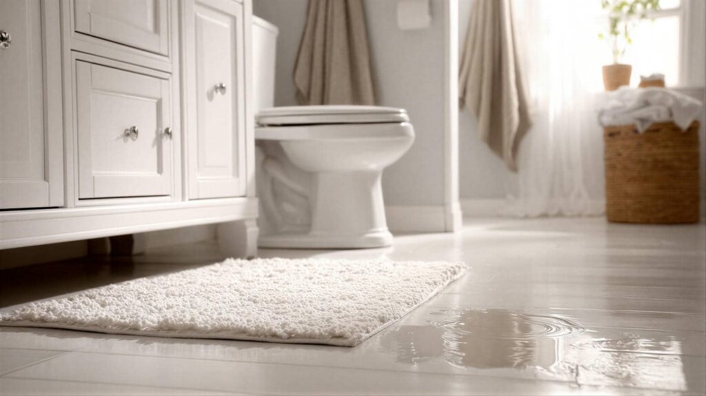 Bathroom floor with a white rug and a puddle of water near a toilet and cabinet.