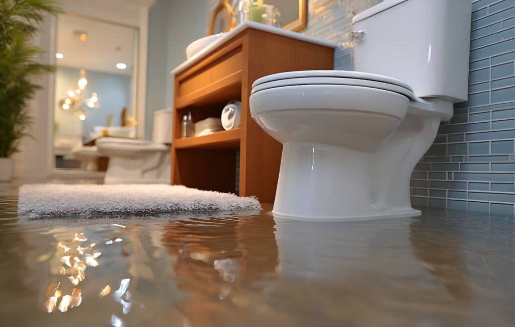 Bathroom floor flooded with water around a toilet and wooden vanity.