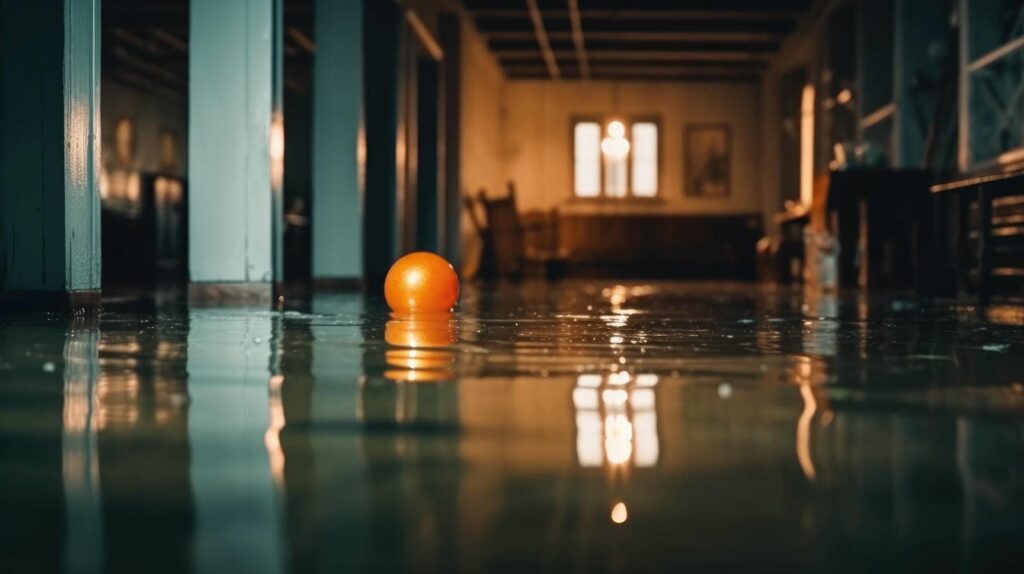 An orange ball floating on water inside a dimly lit room with furniture.