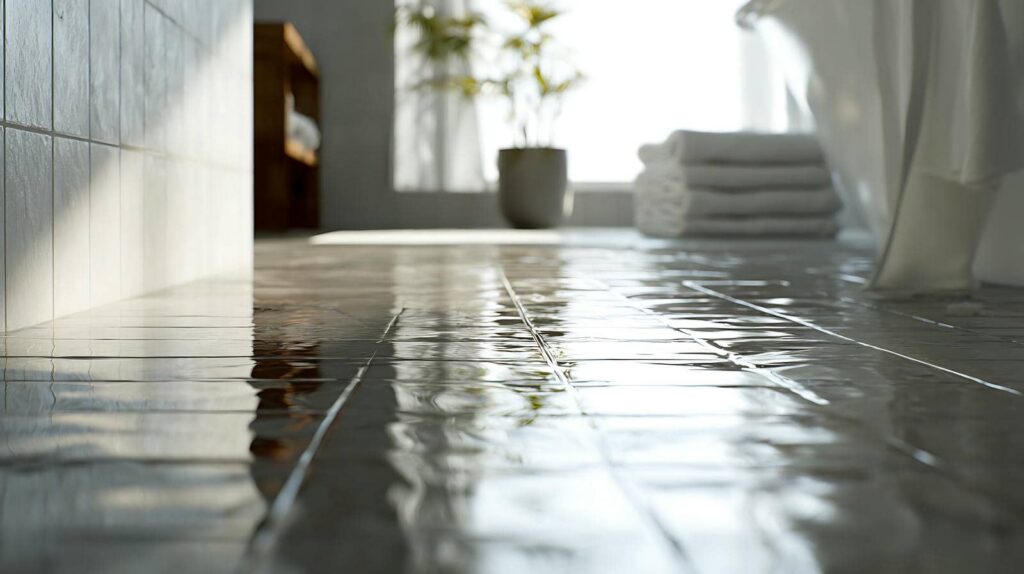 Wet tiled bathroom floor with a stack of towels and a potted plant in the background.