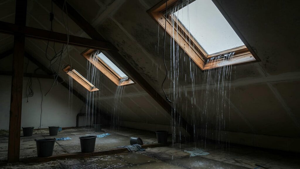 Water leaking through three skylights into buckets and towels in a dark attic.