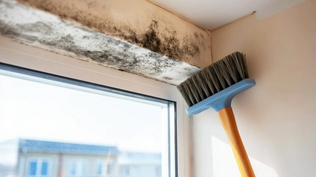 Black mold growing on a wall corner above a window with a brush held near it.