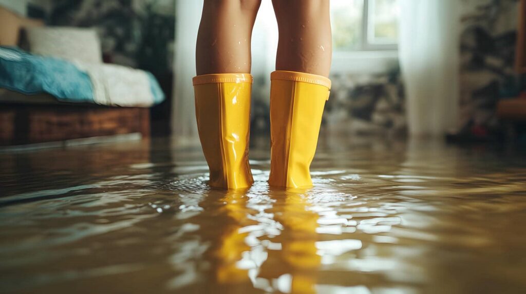 Legs wearing yellow rain boots standing in a flooded room with water covering the floor.