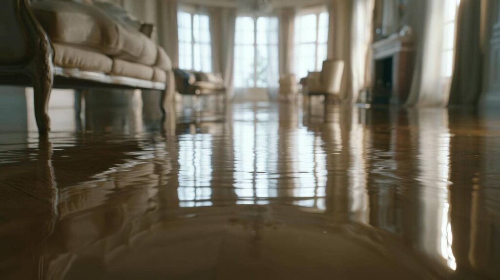 Water flooding a living room with sofas and chairs reflected on the floor.