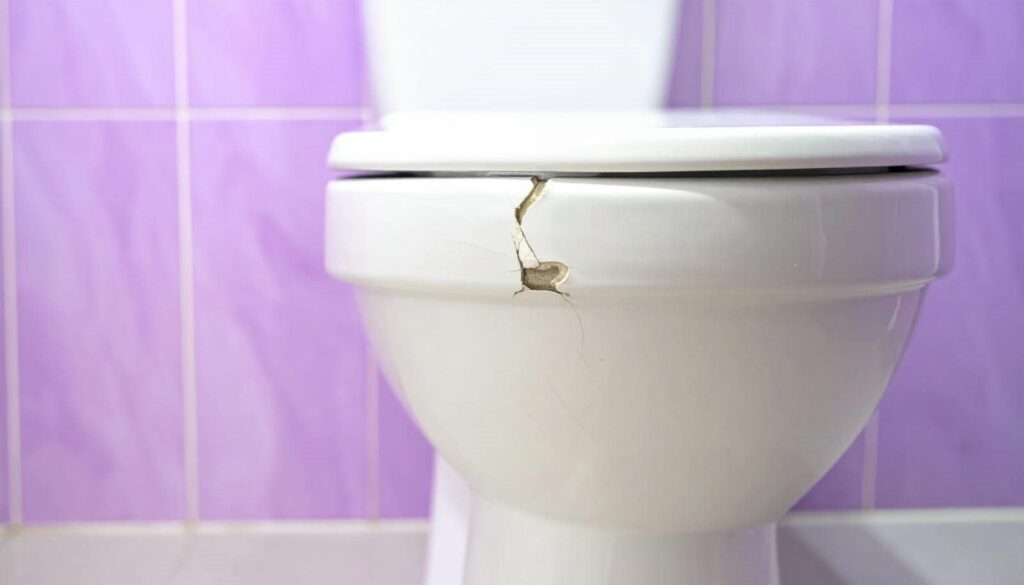 White toilet bowl with a visible crack on the front against a purple tiled wall.