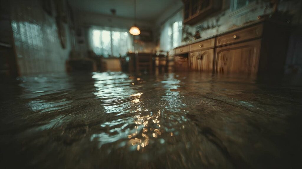 Flooded kitchen with water covering the floor and wooden cabinets partially submerged.