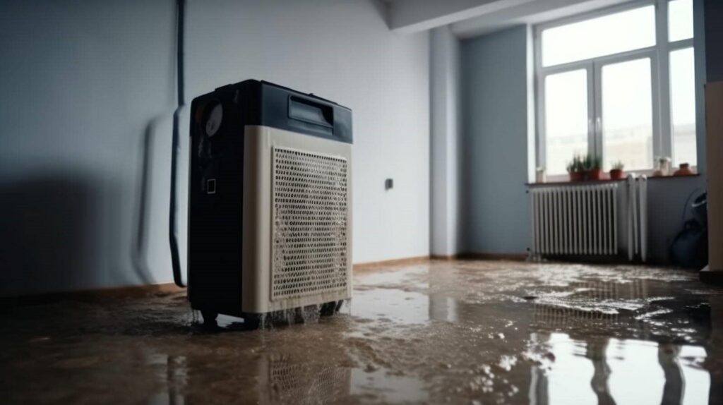 Dehumidifier removing water from a flooded room with water pooling on the floor.