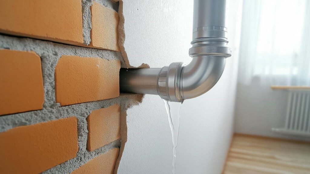 Water leaking from a broken pipe joint inside a wall with exposed bricks.