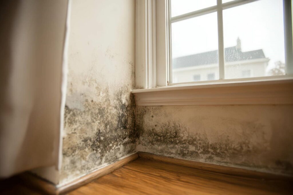 Black mold growing on the lower corner walls near a window with wooden flooring.