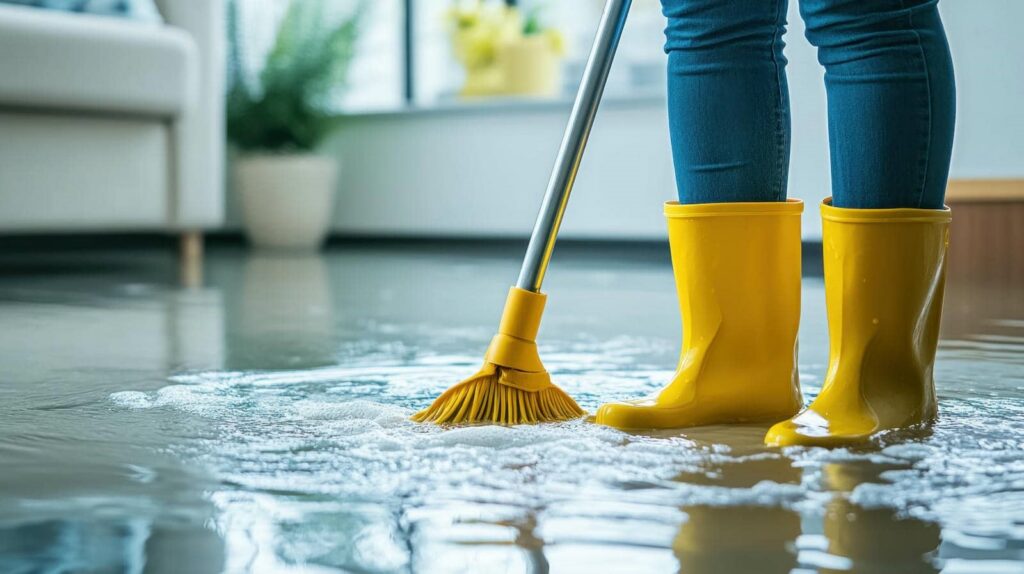 Person in yellow rain boots mopping a flooded floor indoors.