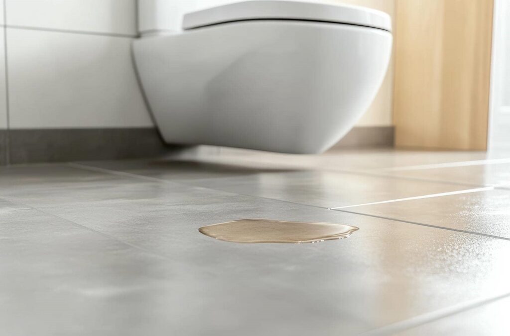 Water puddle on a tiled bathroom floor near a wall-mounted toilet.