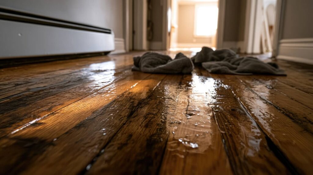 Wet wooden floor with towels placed to soak up water in a hallway.