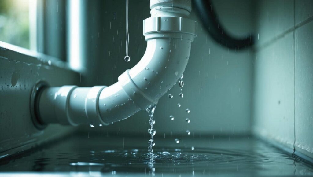 Leaking white PVC pipe dripping water into a basin below.