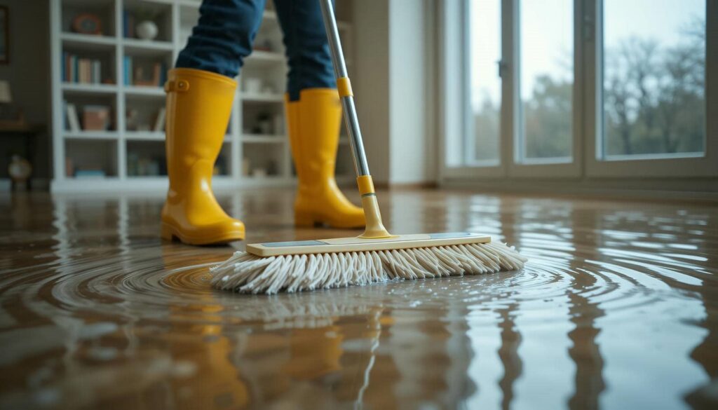 Person in yellow boots mopping a flooded wooden floor inside a room.