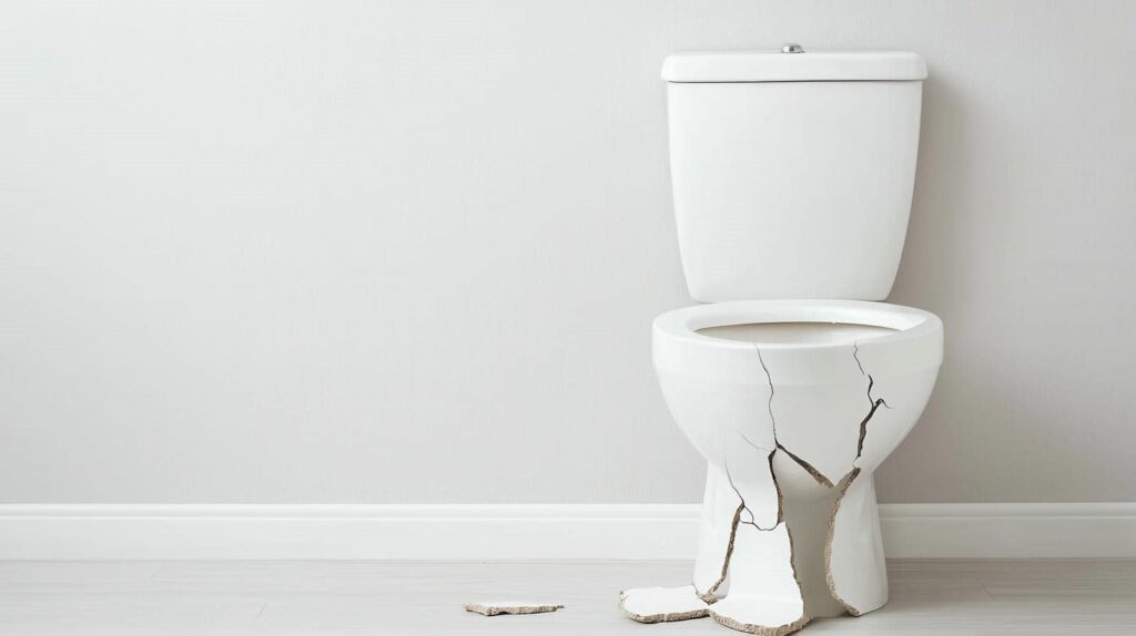 White toilet with large cracks and broken pieces on the floor in a minimal bathroom.