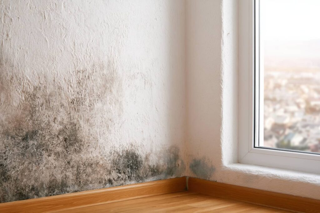 Black mold growth on the lower corner of a white textured wall near a window and wooden floor.