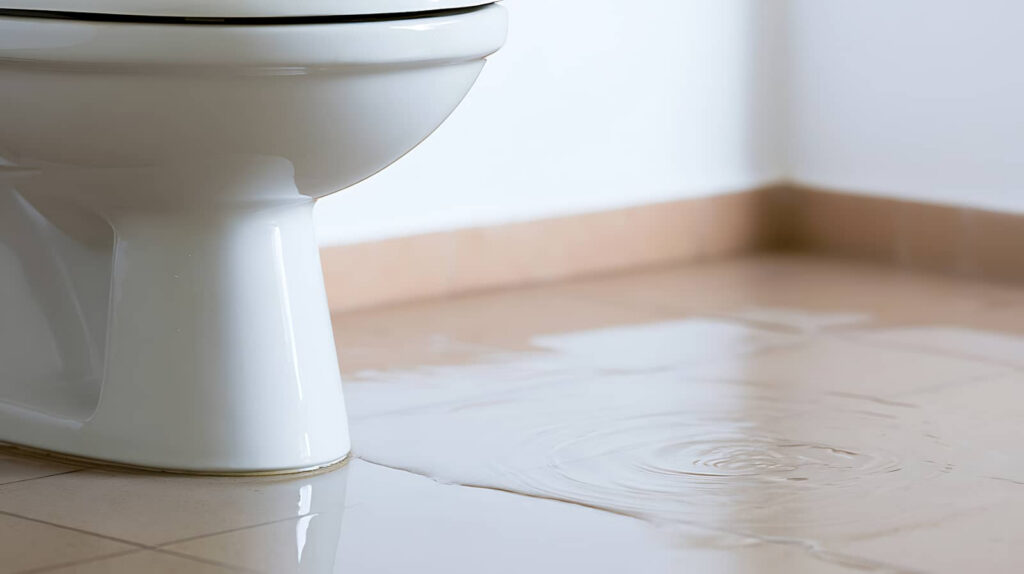 Toilet leaking water onto tiled bathroom floor.