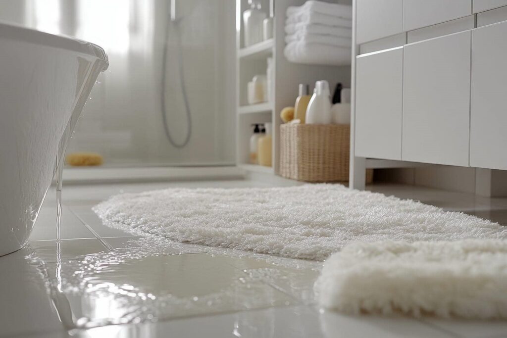Water leaking from a bathtub onto a bathroom floor with white rugs and shelves in the background.