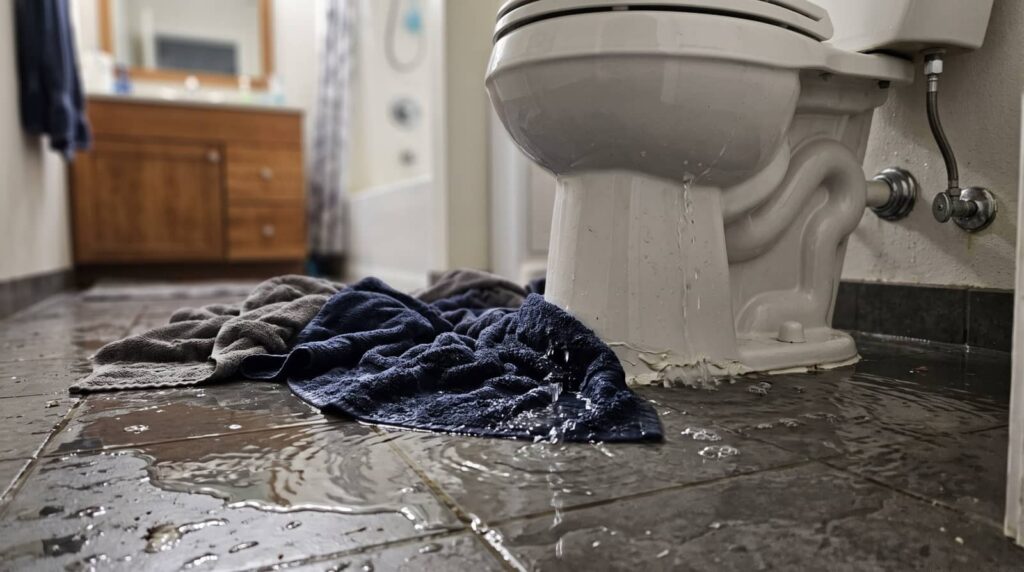 Water leaking from the base of a toilet onto a bathroom floor with towels soaking up the water.