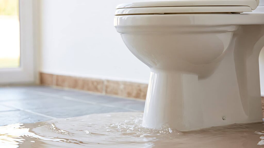 Water flooding from a leaking toilet onto a tiled bathroom floor.