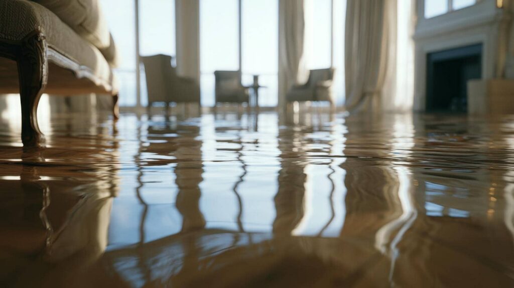 Flooded living room with water covering the floor and furniture partially submerged.