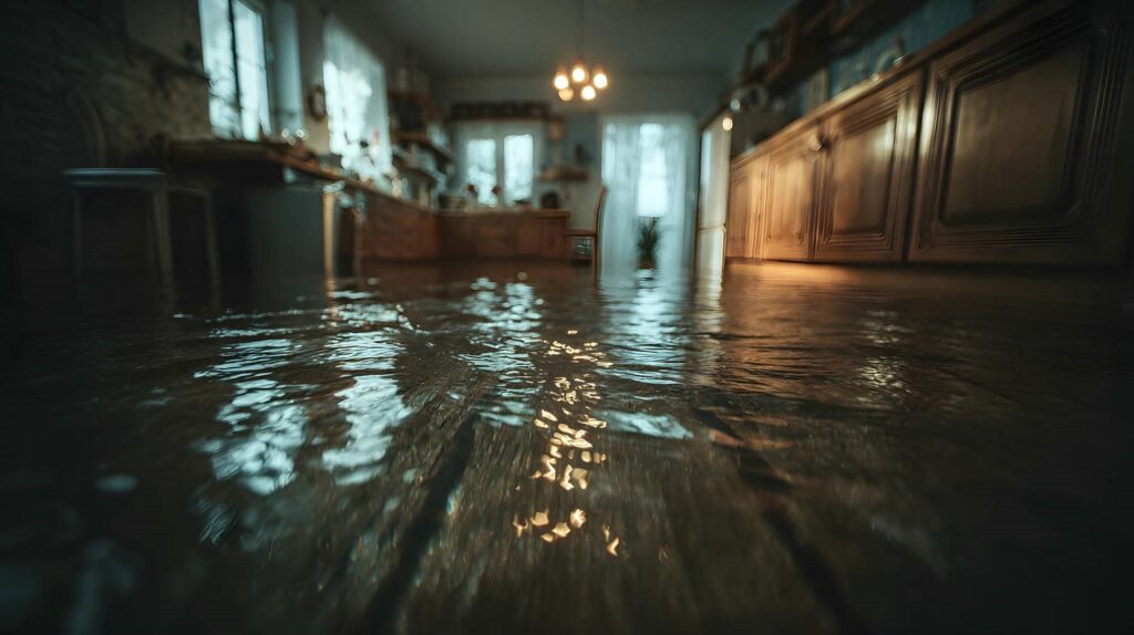 Flooded kitchen with water covering the floor and reflecting light from windows and a chandelier.