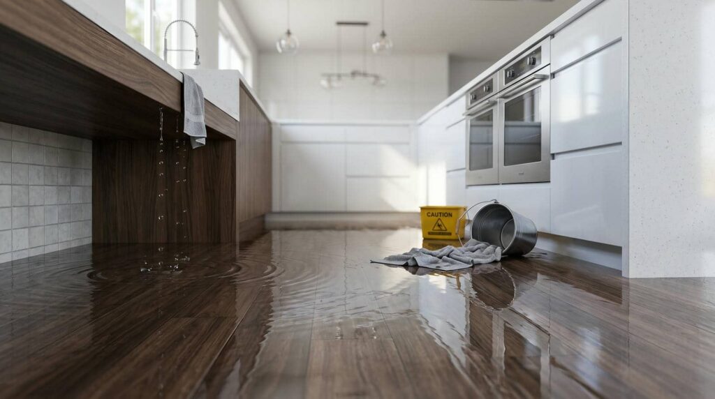 Water leaking from kitchen sink causing floor flooding with mop bucket and caution sign nearby.
