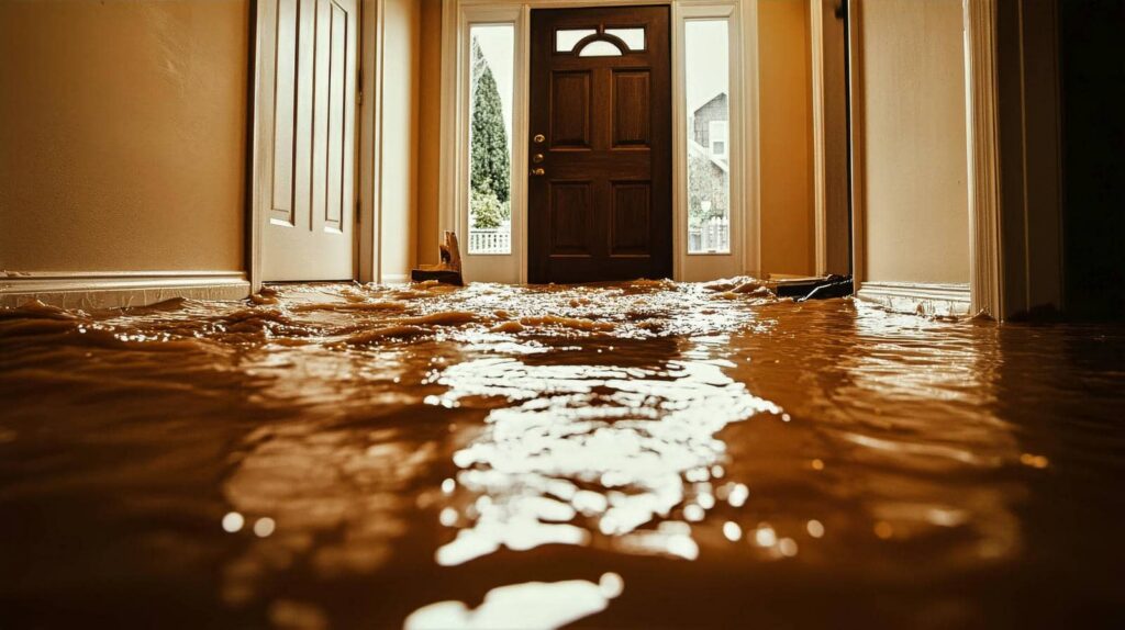 Floodwater covering the floor of a hallway inside a house near the front door.
