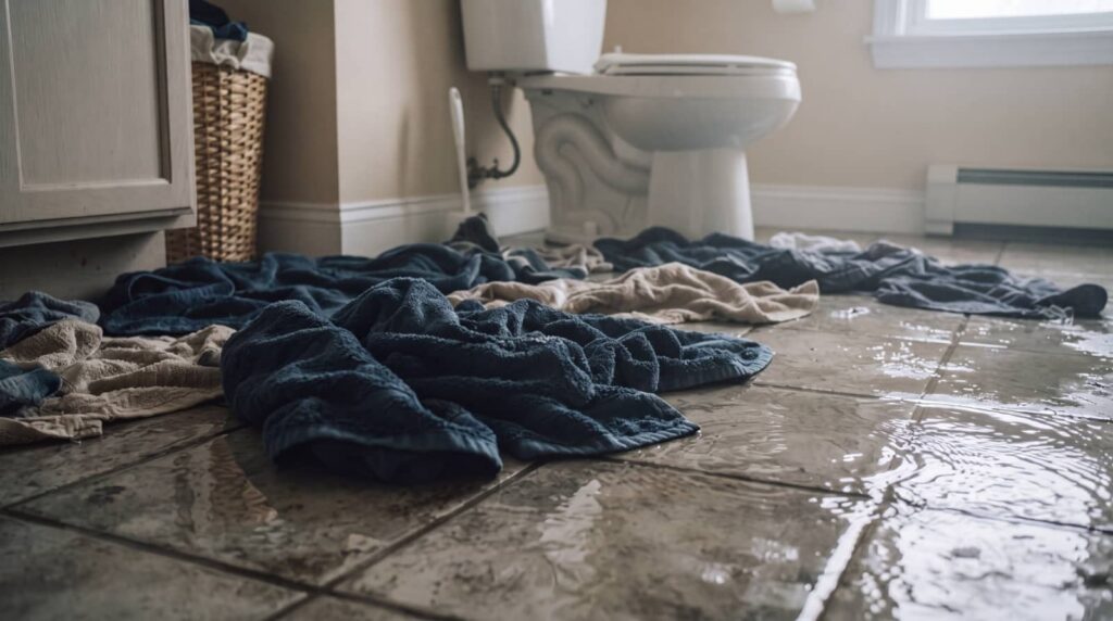 Wet towels spread on a bathroom floor with water pooling near a toilet.