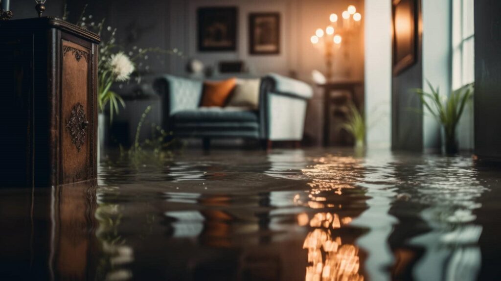 Living room flooded with water reflecting furniture and lights.