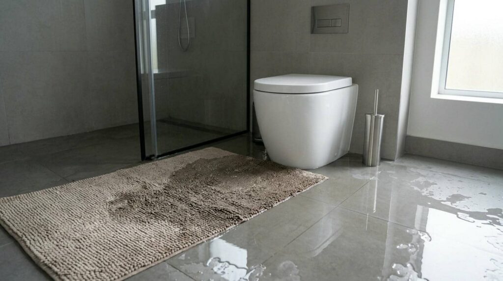 Wet bathroom floor with a soaked bath mat next to a modern white toilet and a glass shower door.