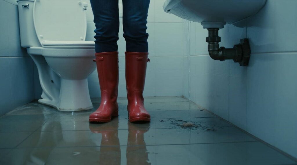 Person wearing red rain boots standing in a flooded bathroom with water leaking from a sink pipe.