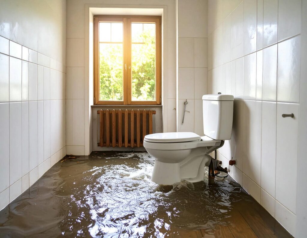 Bathroom with a toilet partially submerged in floodwater.