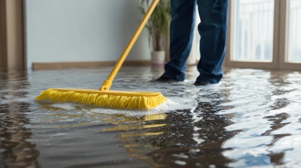 Person using a yellow mop to clean water flooding a room with large windows.