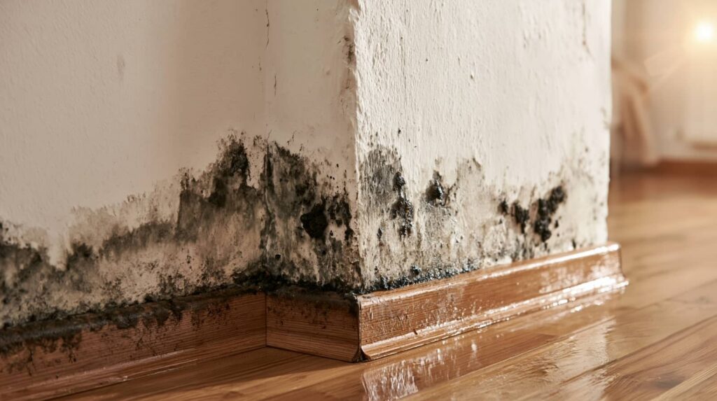 Mold growth and water damage on the lower corner of a white wall with wet wooden flooring.