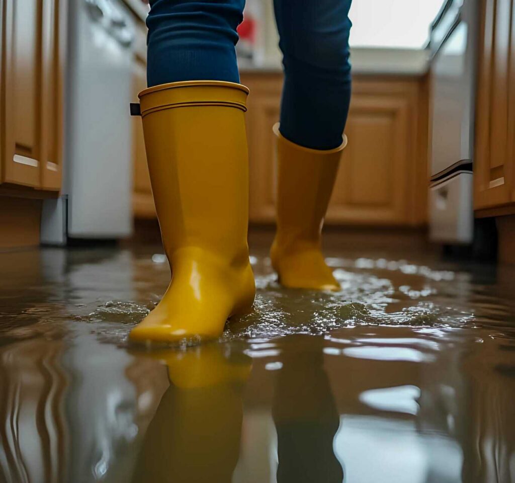 Person wearing yellow rain boots walking through a flooded kitchen floor.