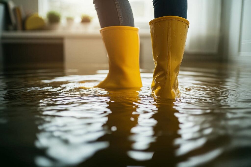 Person wearing yellow rain boots standing in a flooded indoor room with water ripples.
