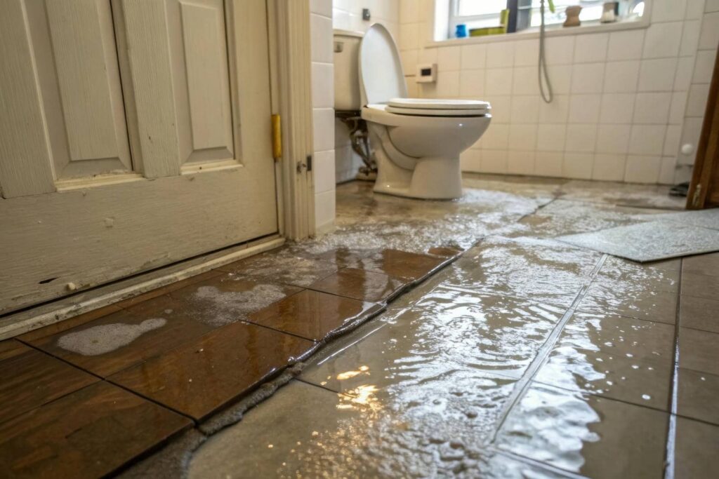 Water flooding the floor of a bathroom near a toilet with an open lid.