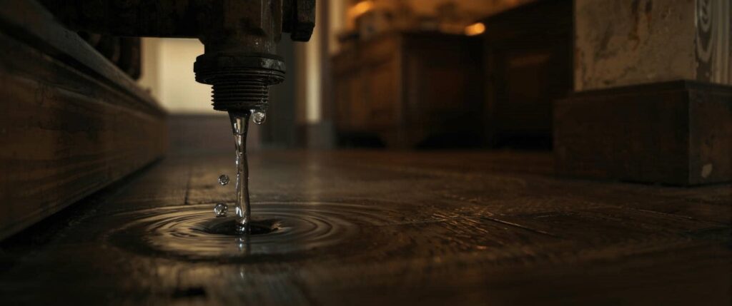 Water dripping from a rusty pipe onto a wooden floor with ripples forming.